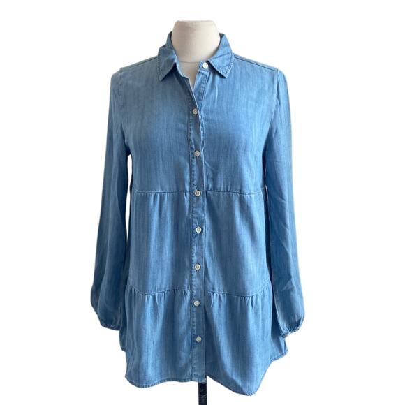 STYLE & CO Chambray Shirt Womens Sz Small Tiered Button Down Boho - Picture 1 of 7